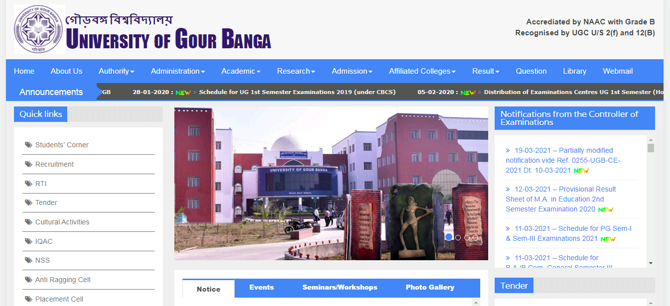 Gour Banga University BA 1st year Time Table 2021